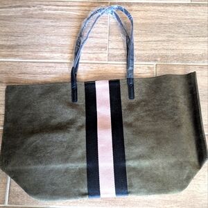 Stylish Olive Tote Bag with Pink and Black Stripes Neiman Marcus